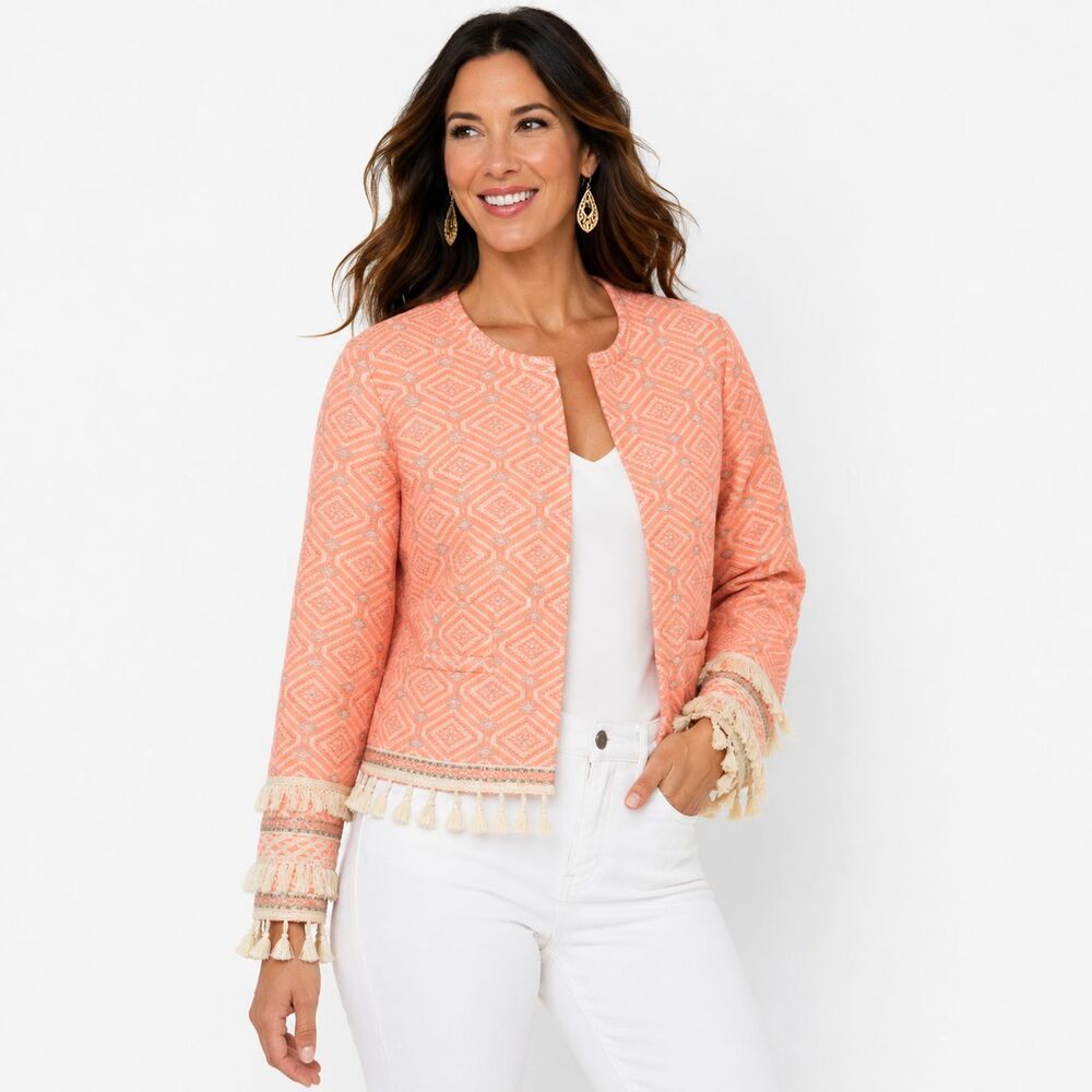 Boston Proper jacket Womens 16 Coral Geometric Jacquard Fringe Tassel NWT